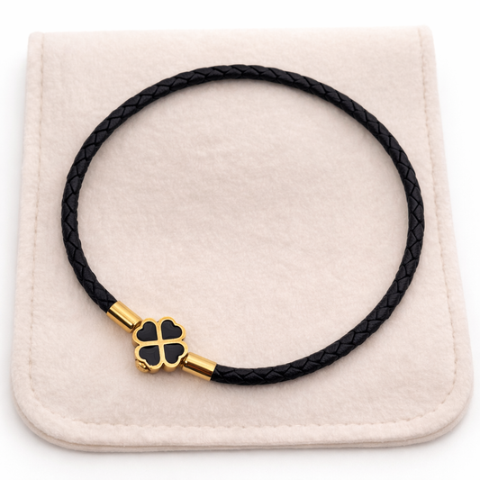 Golden Clover Leather Bracelet -Black