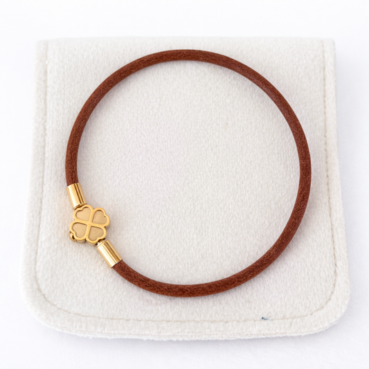 Golden Clover Leather Bracelet - Chestnut